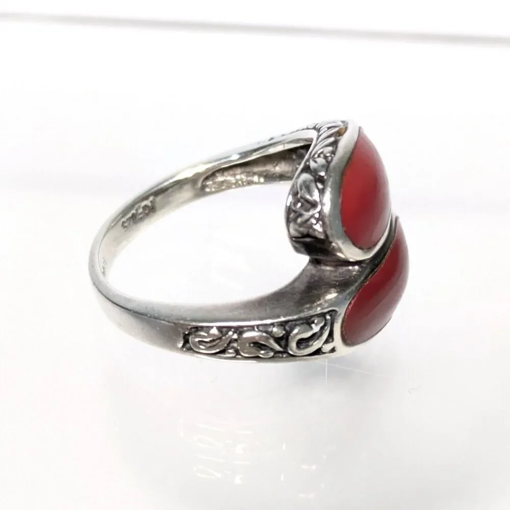 CHAPAL ZENRAY 925 Sterling Silver Vintage CORAL Bypass Ring Size 6.75-7